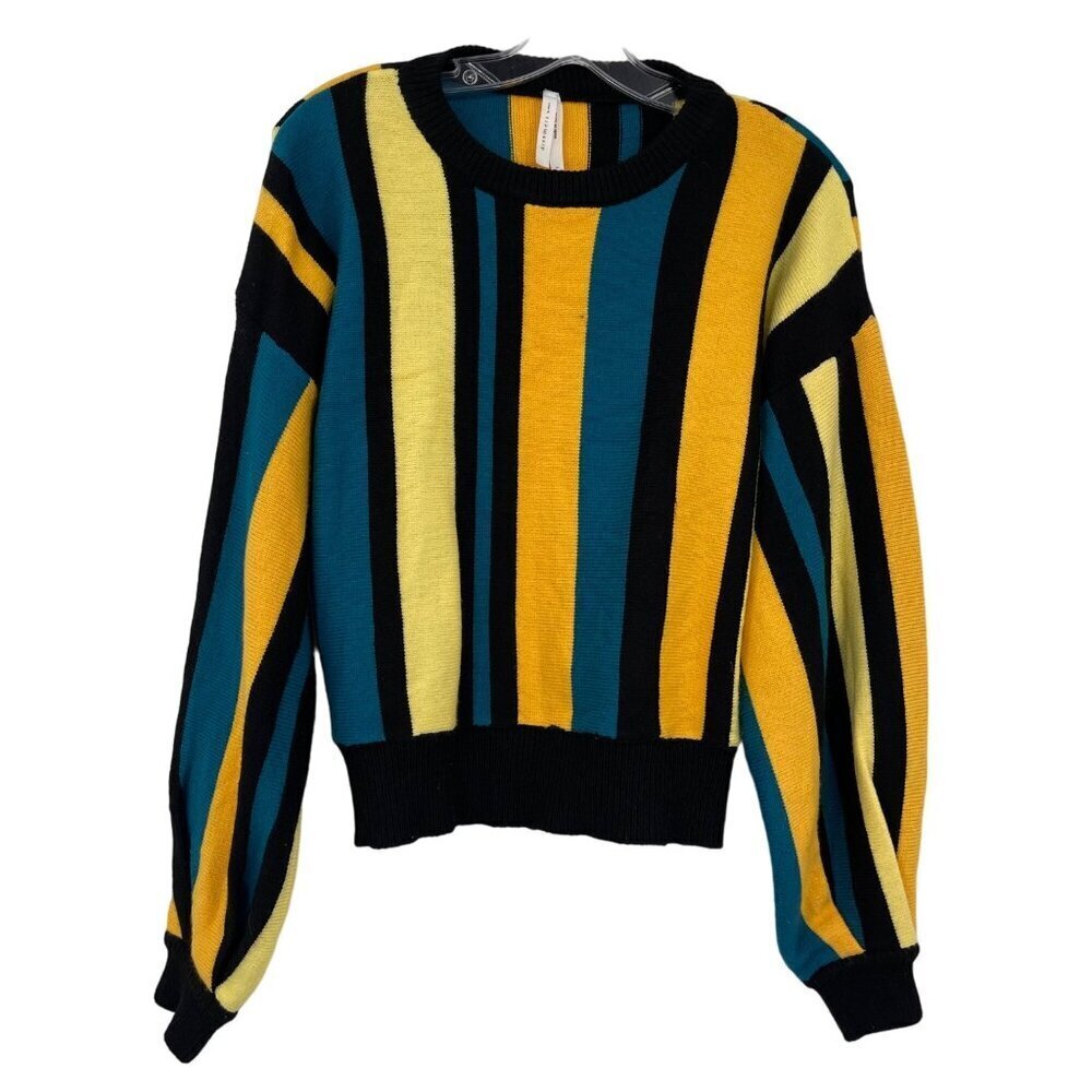Dreamers Striped Balloon Sleeve Sweater Women's Large Blue Yellow Black Preppy
